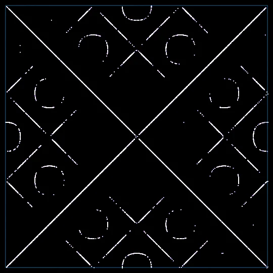Chladni — Chladni figures: thousands of grains on a vibrating plate flee the moving regions and settle along the silent nodal lines. At every mode change the sand snaps into a new symmetric figure (1787).