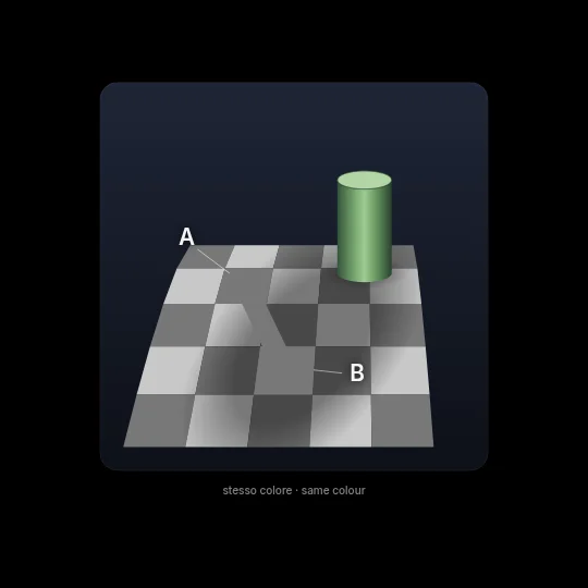 Color Illusions — Two areas with the exact same RGB that look like different colours: Adelson's checker-shadow, simultaneous contrast, Munker-White spheres. When the animated proof connects them, the brain refuses to believe it: we don't see light, we see an interpretation.