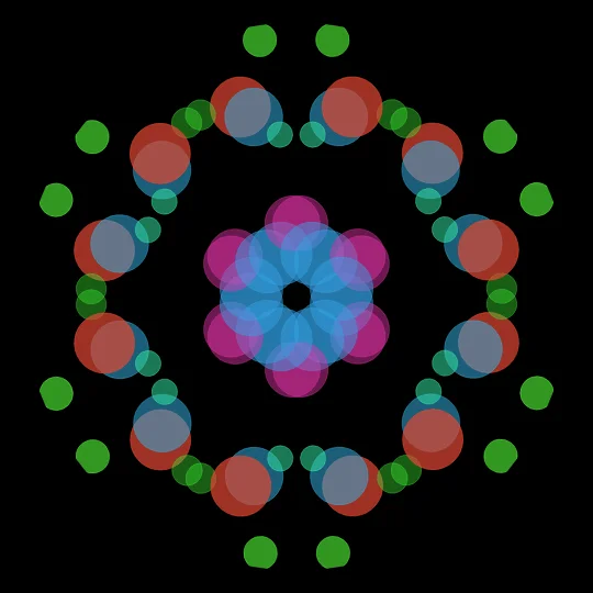 Kaleidoscope — A kaleidoscope: three angled mirrors multiply a handful of colourful shapes into endless patterns. Projective geometry turned into play.