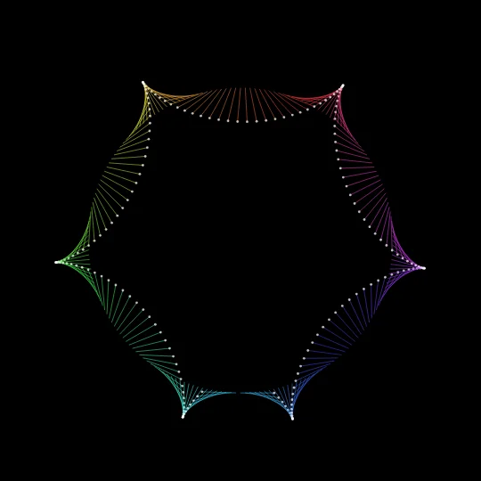 Line Dance — Two hundred parametric lines chasing each other as k morphs: from a singular point emerge triskelia, mandalas and multi-fold fans.