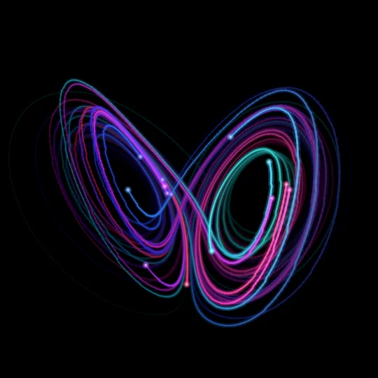 Lorenz — The Lorenz attractor, the butterfly of chaos theory: nearly identical trajectories tear apart within seconds, yet stay trapped on the same two wings. Deterministic, never repeating.