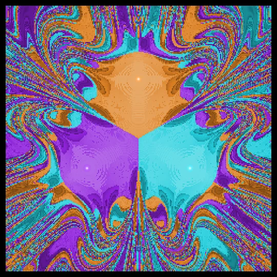 Magnetic Pendulum — A pendulum over three magnets: which one will capture it? Every pixel is a starting point, coloured by the answer. A fractal map emerges with endlessly interleaved boundaries: Newtonian physics, unpredictable outcome.