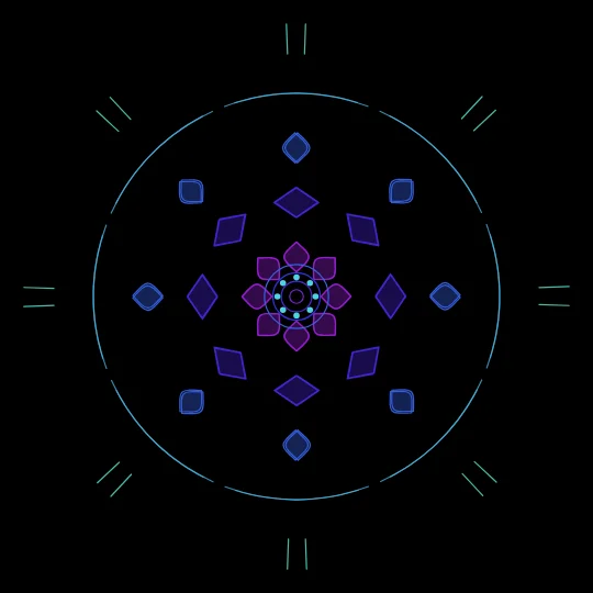 Mandala — Mandala with n-fold radial symmetry: each ring picks a motif (spoke, arc, petal, diamond) and the figure replicates around the centre, with optional mirroring for full dihedral symmetry.