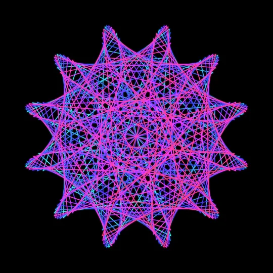 Maurer Rose — A polar rose sampled at regular intervals, with points joined by straight lines. Hidden moirés and symmetries emerge from the numbers.