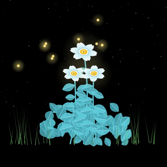 Night Garden — A procedural garden blooming in the night: stars, stems, leaves, petals and grass emerge in sequence while fireflies dance over the finished scene.
