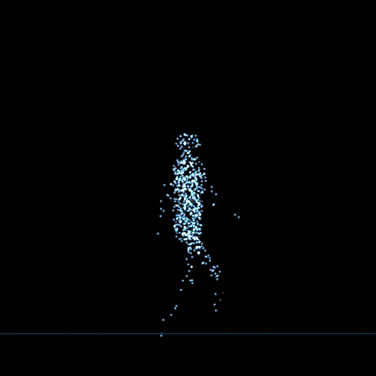 Particle Walker — A walk composed entirely of particles: the silhouette appears only where orbits cross.