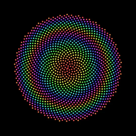 Phyllotaxis — Sunflower seeds placed at the golden angle (137.5°) with radius √n. The same algorithm nature uses to pack seeds optimally.