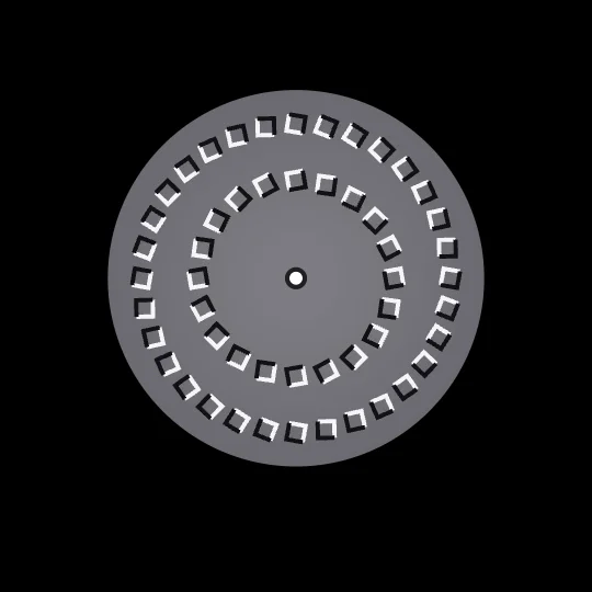 Pinna Rotation — The Pinna-Brelstaff illusion: rings of tilted elements that seem to counter-rotate as the pattern zooms in and out. Yet physical rotation is exactly zero: only the scale changes, the rotation happens in your motion detectors (2000).